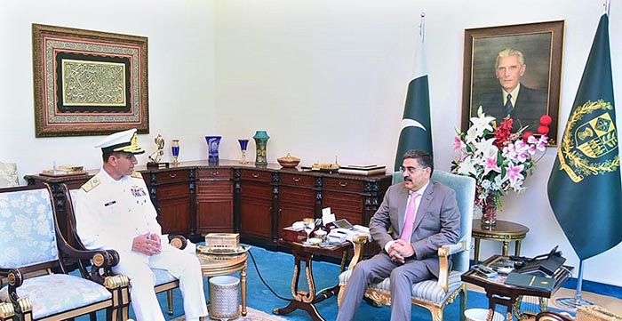 Outgoing Chief of Naval Staff Admiral Muhammad Amjad Khan Niazi calls on the Caretaker Prime Minister Anwaar-ul-Haq Kakar.