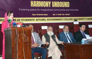  Special Assistant to the Prime Minister (SAPM) Mushaal Hussein Mullick addressing a seminar on "Harmony Unbound Fostering Peace for Marginalized Communities and Minorities" at Government College University Faisalabad (GCUF). 