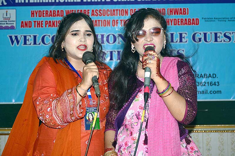 Blind youngsters performing in tableau during program in connection with World White Cane Safety Day organized by Pakistan Association of the Blind at Press Club Hall