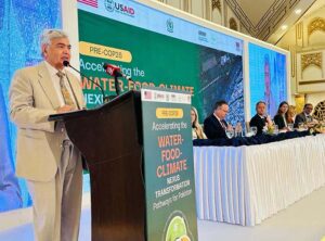  Caretaker Federal Minister for National Food Security and Research Dr. Kausar Abdullah Malik addressing the "PRE-COP28 Accelerating The Water-Food-Climate Nexus Transformation Pathways For Pakistan" organized here at local hotel.