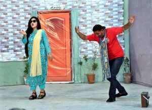 Artists performing on stage in drama "Roop Behroop" presented by Culture Department Government of Sindh at ZA Bhutto Open Air Theater Arts Council of Pakistan.