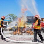 The Civil Defence Volunteers are conducting a drill during the National Resilience Day organized by Chief Warden & Members of Civil Defence Organization at FG Boys School F8/3.