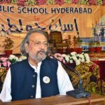 Caretaker Federal Minister of Education, Madad Ali Sindhi addressing during Shah Latif day function on late saturday night at Public school