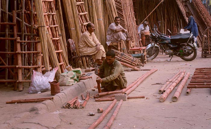 Workers busy in preparing bamboo ladders at his workplace.