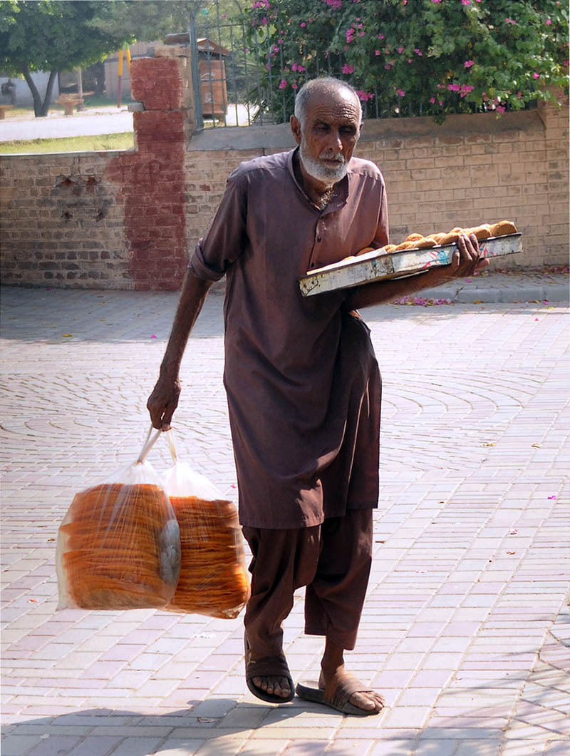 An elderly vendor selling edible items while shuttling in the park for livelihood