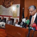 Caretaker Federal Minister for Information and Broadcasting Murtaza Solangi addressing the launch ceremony of the famous author Dr. Farooq Adil's book titled "We Forgot the History of Pakistan's Missing Papers" at AIOU Auditorium.