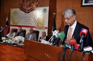 Caretaker Federal Minister for Information and Broadcasting Murtaza Solangi addressing the launch ceremony of the famous author Dr. Farooq Adil's book titled "We Forgot the History of Pakistan's Missing Papers" at AIOU Auditorium.