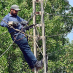 WAPDA staffer busy in cutting illegal line of electricity during crackdown against illegal connections.