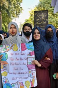 Students participating in a walk to mark World Teachers’ Day at University of Sargodha.