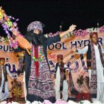 Students are performing the tableau on stage during Shah Latif day function on late Saturday night at Public school