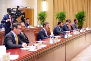 Caretaker Prime Minister Anwaar-ul-Haq Kakar along with a delegation meets with Member of Politburo of Central Committee of the Communist Party of China and Party Secretary Mr. Ma Xingrui