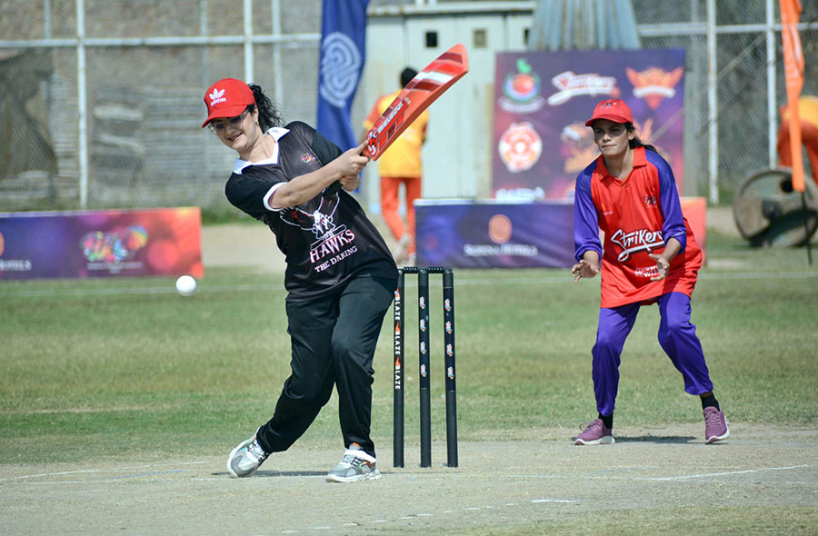 A view of cricket match played between Faisalabad Serene Hotel and ‎Islamabad Serena Hotel women teams during Serena Premier League 2023 at Bohranwali Ground.