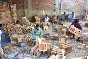 Workers busy in preparing wooden boxes at their workplace.