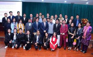 Caretaker Prime Minister Anwaar-ul-Haq Kakar in a group photo with the Pakistani students studying in Xinjiang University. 