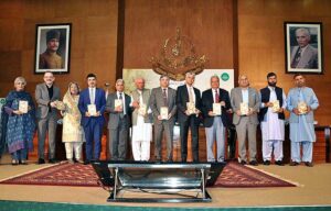 Caretaker Federal Minister for Information and Broadcasting Murtaza Solangi addressing the launch ceremony of the famous author Dr. Farooq Adil's book titled "We Forgot the History of Pakistan's Missing Papers" at AIOU Auditorium.