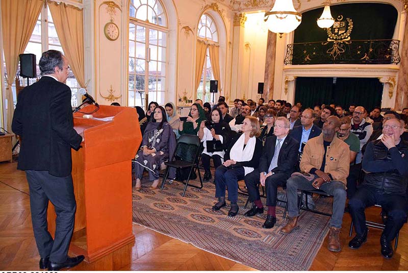 Pakistan's Ambassador to France Asim Iftikhar Ahmad speaking at the occasion of Kashmir Black Day