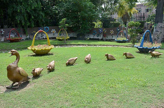 A view of Replicas of geese installed in Jinnah Garden by Parks & Horticulture Authority (PHA)