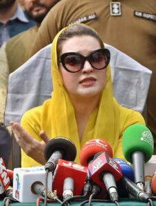Human rights and Women empowerment Mushaal Hussain Mullick talking to media persons at Mazar-e-Iqbal. 
