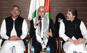 His Excellency Ahmad Jawad Rabei, Ambassador, State of Palestine addressing during All Parties Conference to express solidarity with the people of Palestine at Embassy of the State of Palestine.