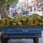 Woman vendor selling Banana to attract customers at roadside setup.