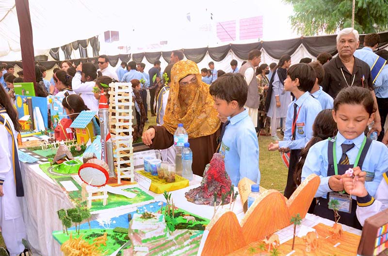 Students present models during the Science and Art Exhibition at La Salle Higher Secondary School.