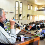 Federal Minister for Education and Professional Training Madad Ali Sindhi addressing during National Endowment Scholarship for Talent (NEST) cheque distribution ceremony at University of Sindh Jamshoro.
