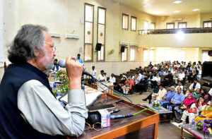 Federal Minister for Education and Professional Training Madad Ali Sindhi addressing during National Endowment Scholarship for Talent (NEST) cheque distribution ceremony at University of Sindh Jamshoro.