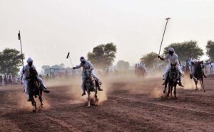 Horse rider participating in tent pegging during a tent pegging competition held at Mela Qureshia Chak no 163 NB.