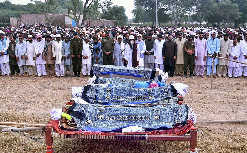 A large number of people are attending the funeral prayer of laborers at Shujaabad who killed in firing incident in Turbat