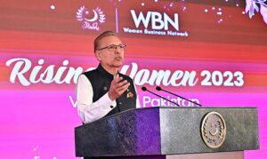 President Dr. Arif Alvi addressing an event themed 'Rising Women 2023', organized by Women's Business Network (WBN) at Aiwan-e-Sadr.
