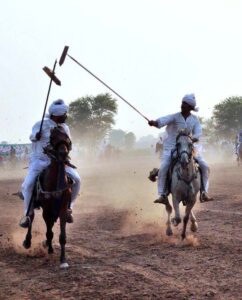 Horse rider participating in tent pegging during a tent pegging competition held at Mela Qureshia Chak no 163 NB.