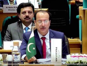 Caretaker Federal health minister Dr Nadeem Jan addressing WHO regional committee.