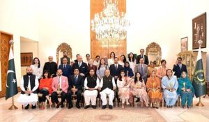 President Dr. Arif Alvi addressing an event themed 'Rising Women 2023', organized by Women's Business Network (WBN) at Aiwan-e-Sadr.