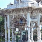 The restoration and decoration work is in progress on Summit Minar, an obelisk-shaped structure situated in the center of Charing Cross on Mall Road