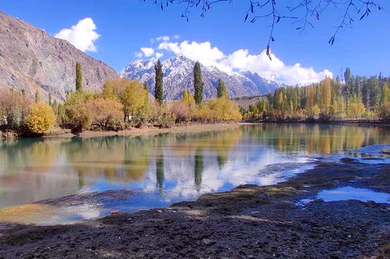 An attractive view of trees changing leaves color to mark autumn in the north area of Pakistan along river Ghizer