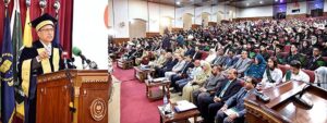 President Dr. Arif Alvi addressing the convocation ceremony of the dentistry and nursing departments of the Foundation University School of Health Science (FUSH).