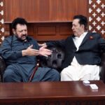 Chief Minister Gilgit Baltistan Haji Gulbar Khan in a meeting with Governor Gilgit Baltistan Syed Mehdi Shah at his office.