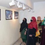 Visitor keenly viewing pictures during exhibition in connection with Kashmir Black Day at Arts Council