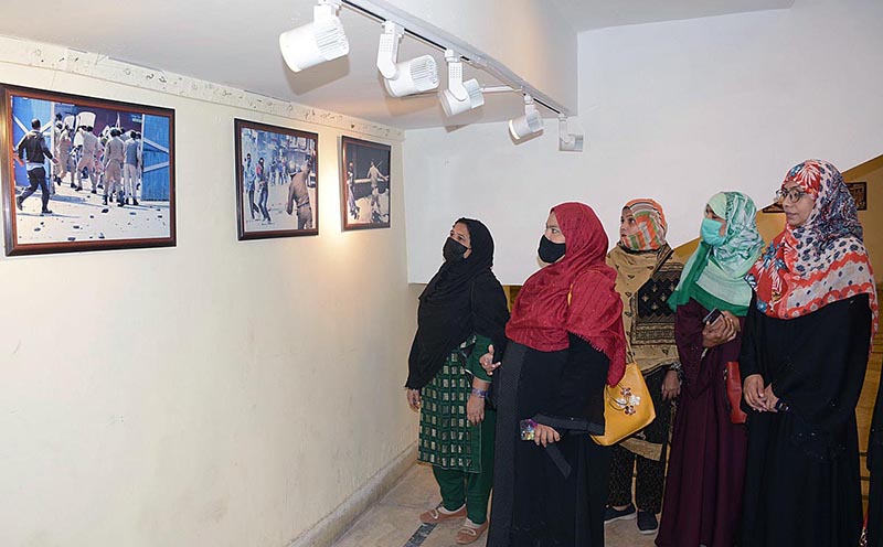 Visitor keenly viewing pictures during exhibition in connection with Kashmir Black Day at Arts Council