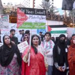 Members of civil society participates in a protest to show solidarity with Palestinians and chanting slogans against Israel’s brutalities outside the Karachi Press Club