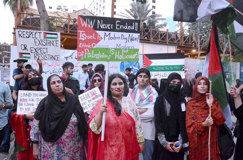 Members of civil society participates in a protest to show solidarity with Palestinians and chanting slogans against Israel’s brutalities outside the Karachi Press Club