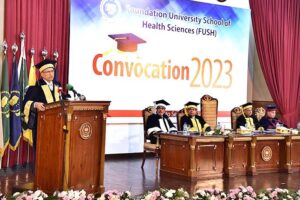President Dr. Arif Alvi addressing the convocation ceremony of the dentistry and nursing departments of the Foundation University School of Health Science (FUSH).
