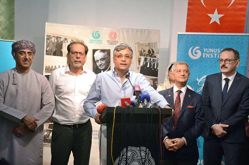 Sindh Caretaker Minister for Law, Religious Affairs and Human Rights Omar Soomro inaugurating an exhibition on Yahya Kemal, a portrait of a poet as the first Turkish Ambassador to Pakistan, at Arts Council of Pakistan