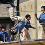 Students enjoy jumping on jumping jack at goods naka area