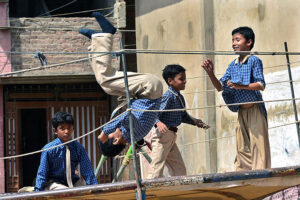 Students enjoy jumping on jumping jack at goods naka area
