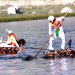 People participated in traditional rafting (Zakh) competition in Blind lake during the "Sarfaranga Cold Desert Rally 5th Edition 2023 in qualifying round at world highest desert sarfaranga