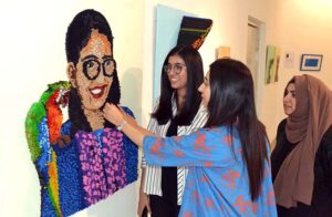 Students of Lahore Women's College are showing their artistic skills to the visitors at the BFA Visual Arts Degree Show 2023
