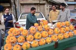 A vendor displaying and selling papaya at Mall road