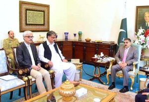 Prime Minister AJK Chauhdary Awar ul Haq calls on Caretaker Prime Minister Anwaar-ul-Haq Kakar.