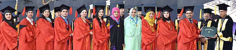 President Dr Arif Alvi giving away medals to top position holders and conferring degrees upon students of various departments of Quaid-e-Azam University